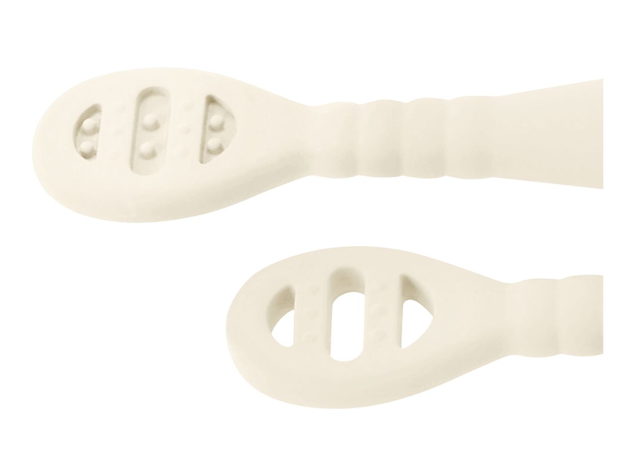Two beige baby teethers with textured surfaces and cut-out designs.