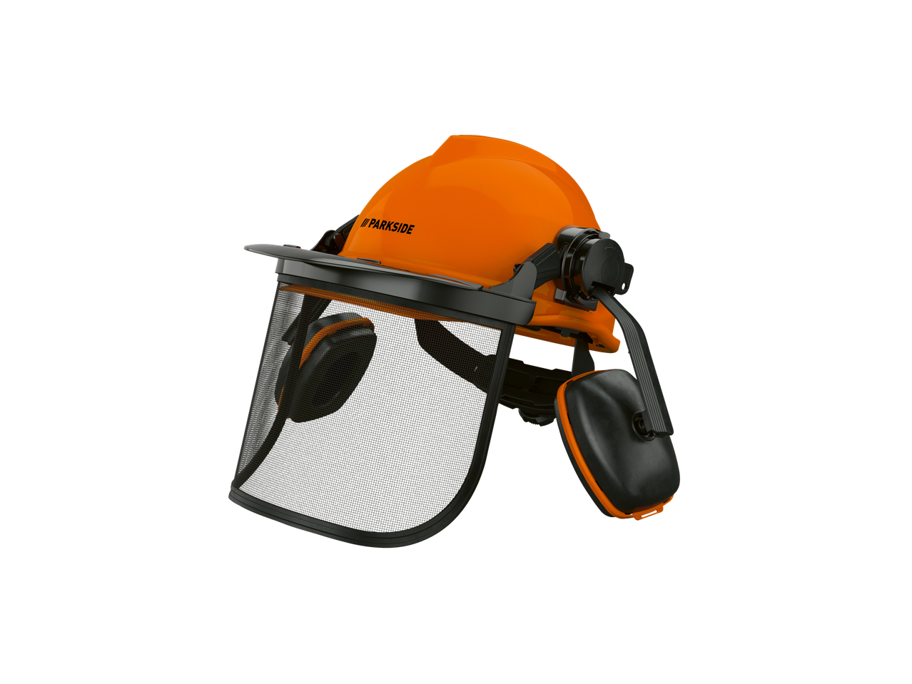 Oranža Parkside aizsargķivere ar tīkla sejas vairogu un ausu aizsargiem.