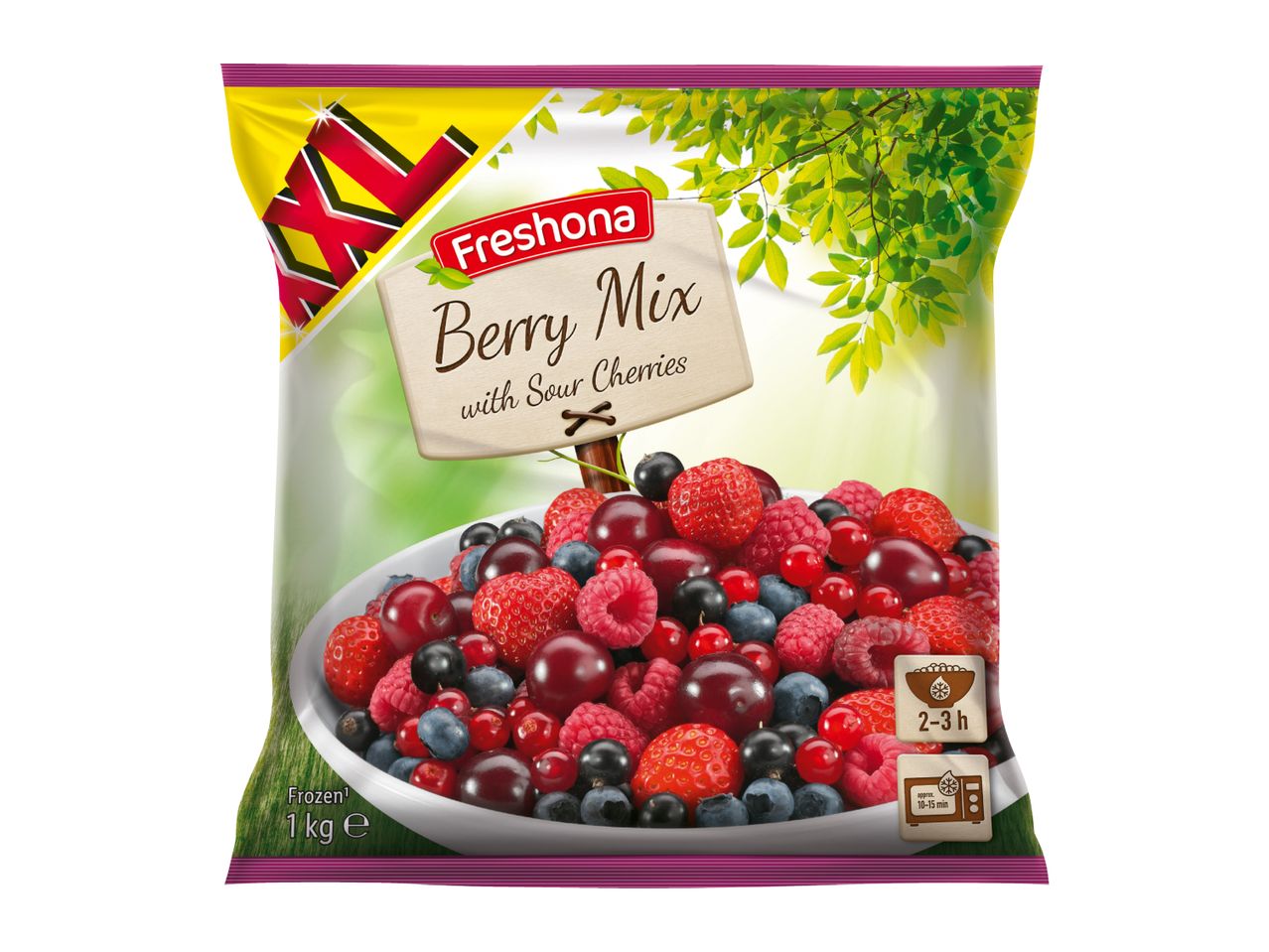 Frozen berry mix with sour cherries in a 1kg bag, showing defrosting instructions.