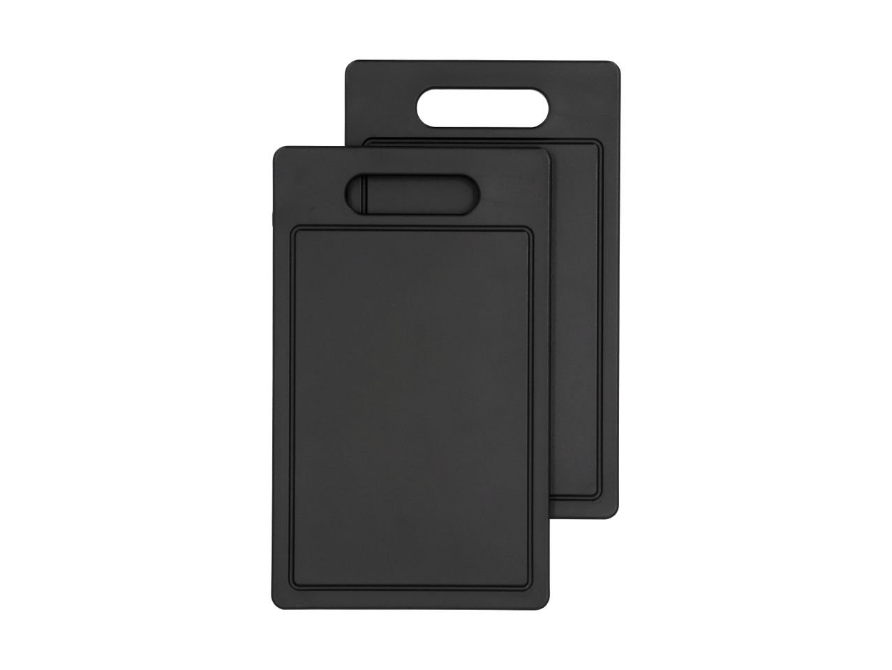Two black rectangular cutting boards with handles, one slightly behind the other.