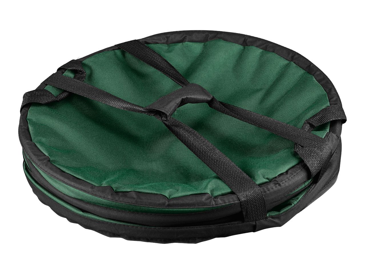 Foldable green and black garden waste bag with handles, collapsed for storage.