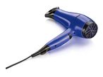 A purple hair dryer with a long cord.