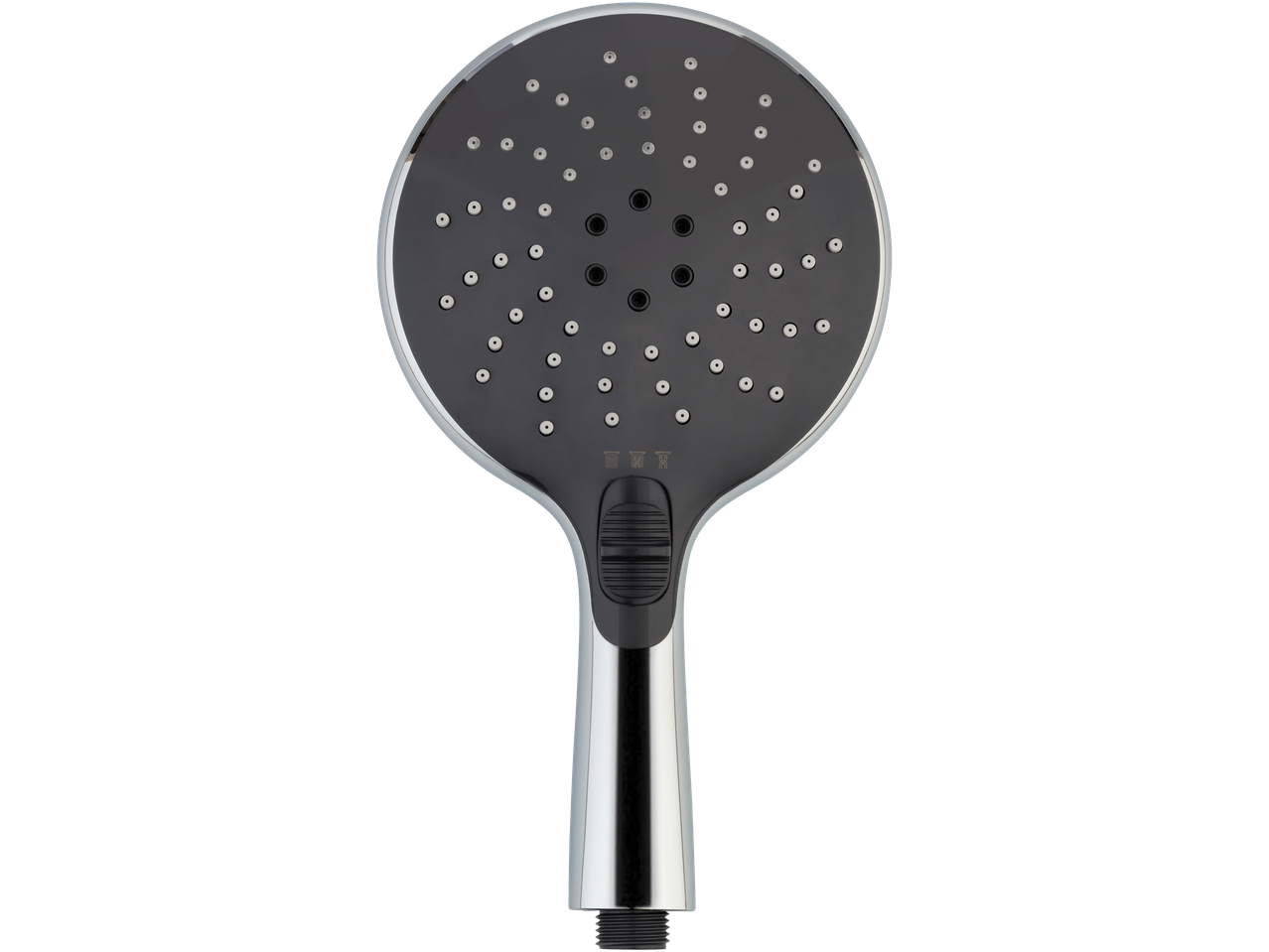 A black and chrome shower head with multiple spray settings.