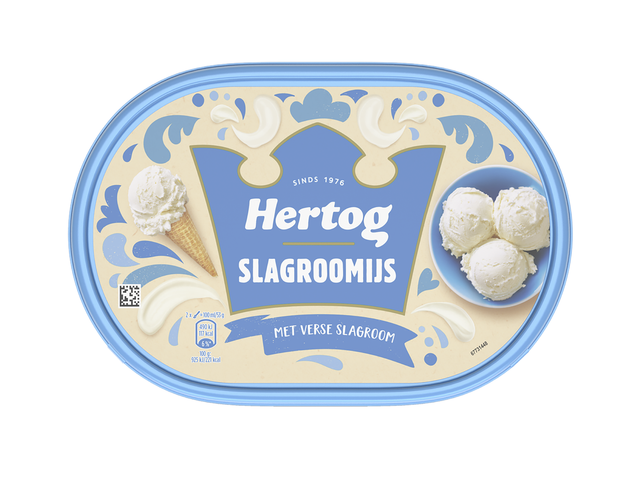 Ovale verpakking van slagroomijs met een ijshoorntje en een kommetje ijs.