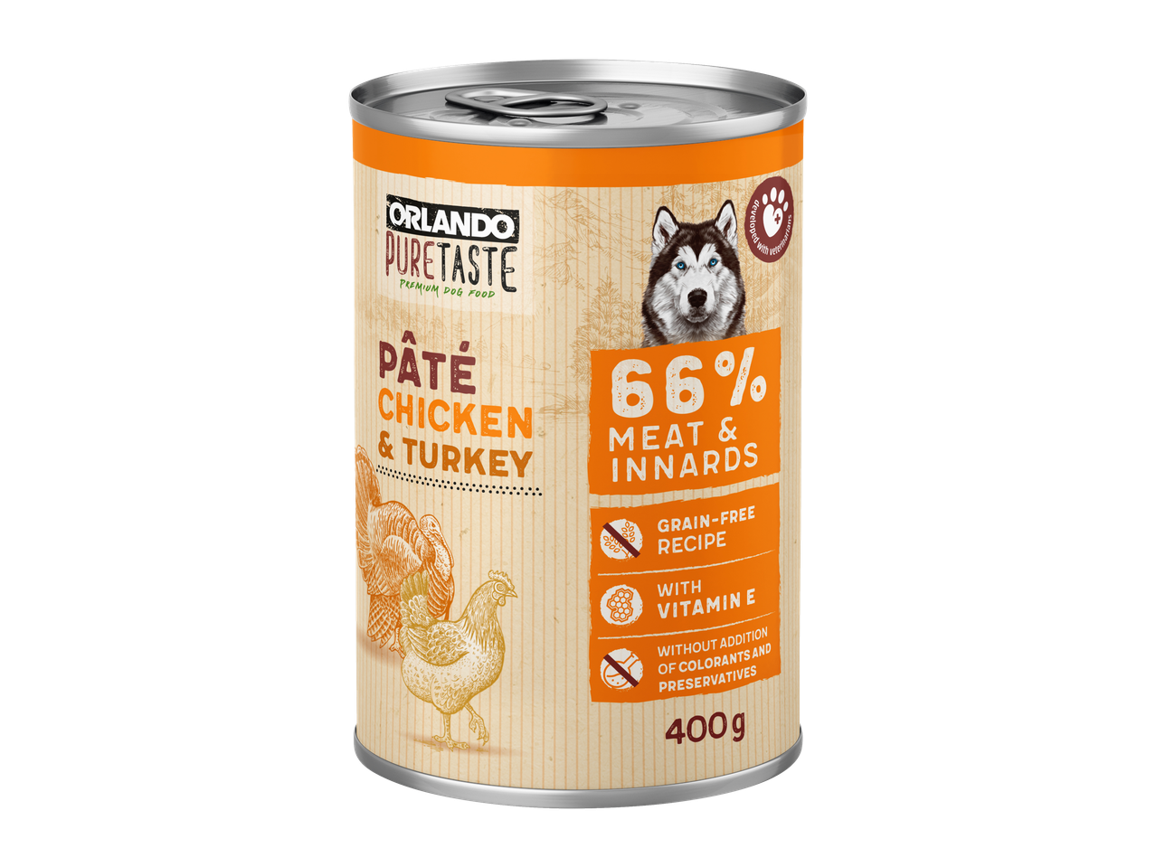 Orlando Pure Taste kutyatáp csirkével és pulykával, 66% hús és belsőségek.