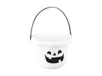 White Halloween candy bucket with a black jack-o'-lantern face