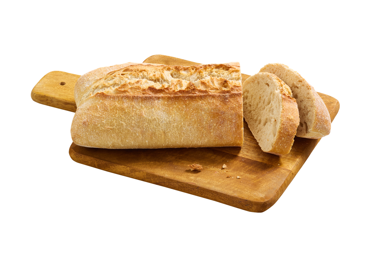 Pjaustyta Ciabatta duona ant medinės pjaustymo lentos