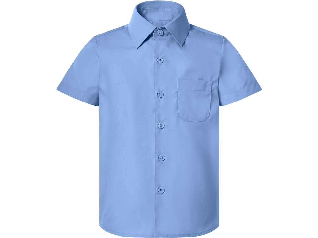 Light blue short-sleeve kids' shirt with buttons and a pocket.