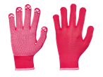 Pair of red gardening gloves, one with white anti-slip dots on the palm.
