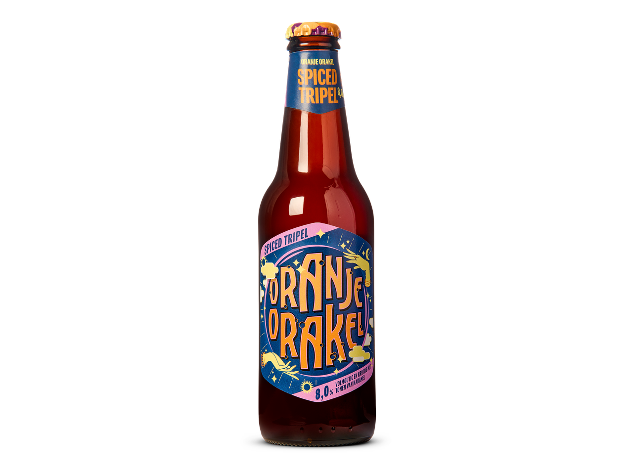 Fles kruidige tripel bier met een kleurrijk etiket met de tekst 'Oranje Orakel Spiced Tripel 8.0%'