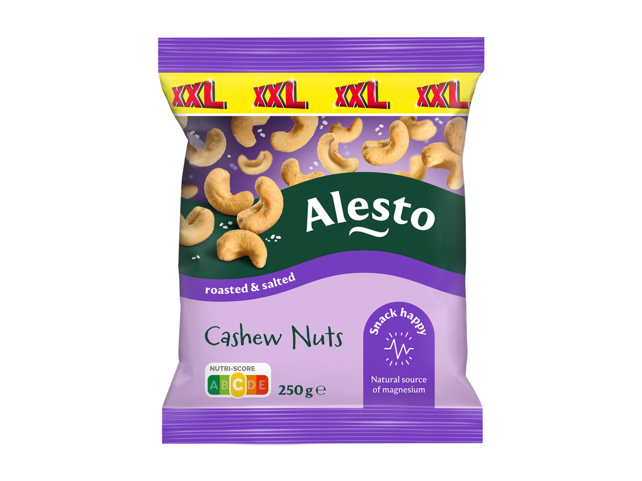 Saco de cajus Alesto XXL torrados e salgados com Nutri-Score A e 250g.