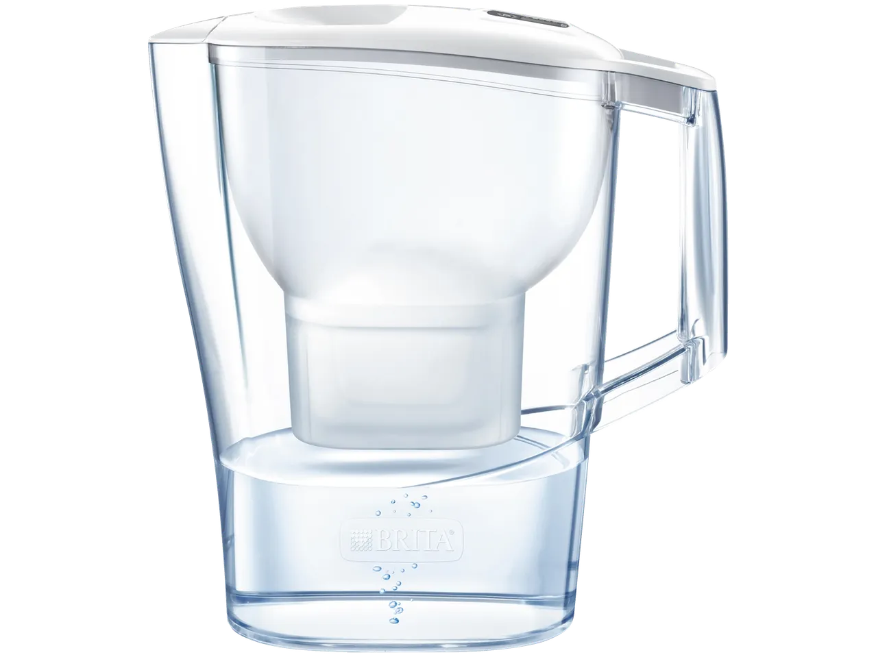 Brita water filter jug with a white lid and a clear body, filled with water.