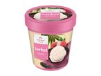 Japanese style lychee sorbet in a pink tub with a bamboo and lychee design.