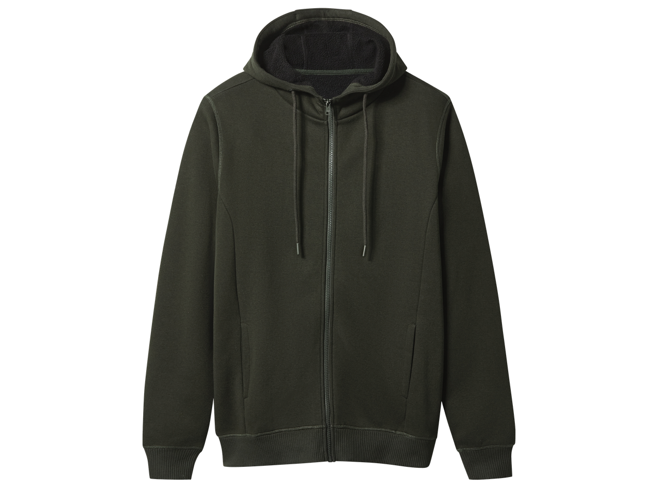 Тъмномасленозелен суичър с качулка и цип, с черна подплата на качулката.