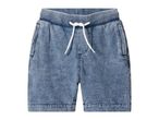 Blue denim shorts with an elasticated waist and white drawstring.