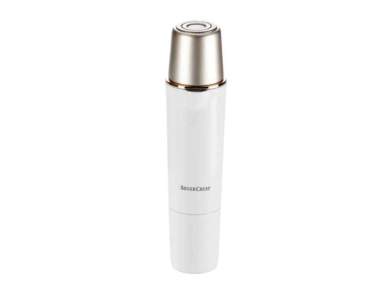 A white and silver electric facial hair remover.