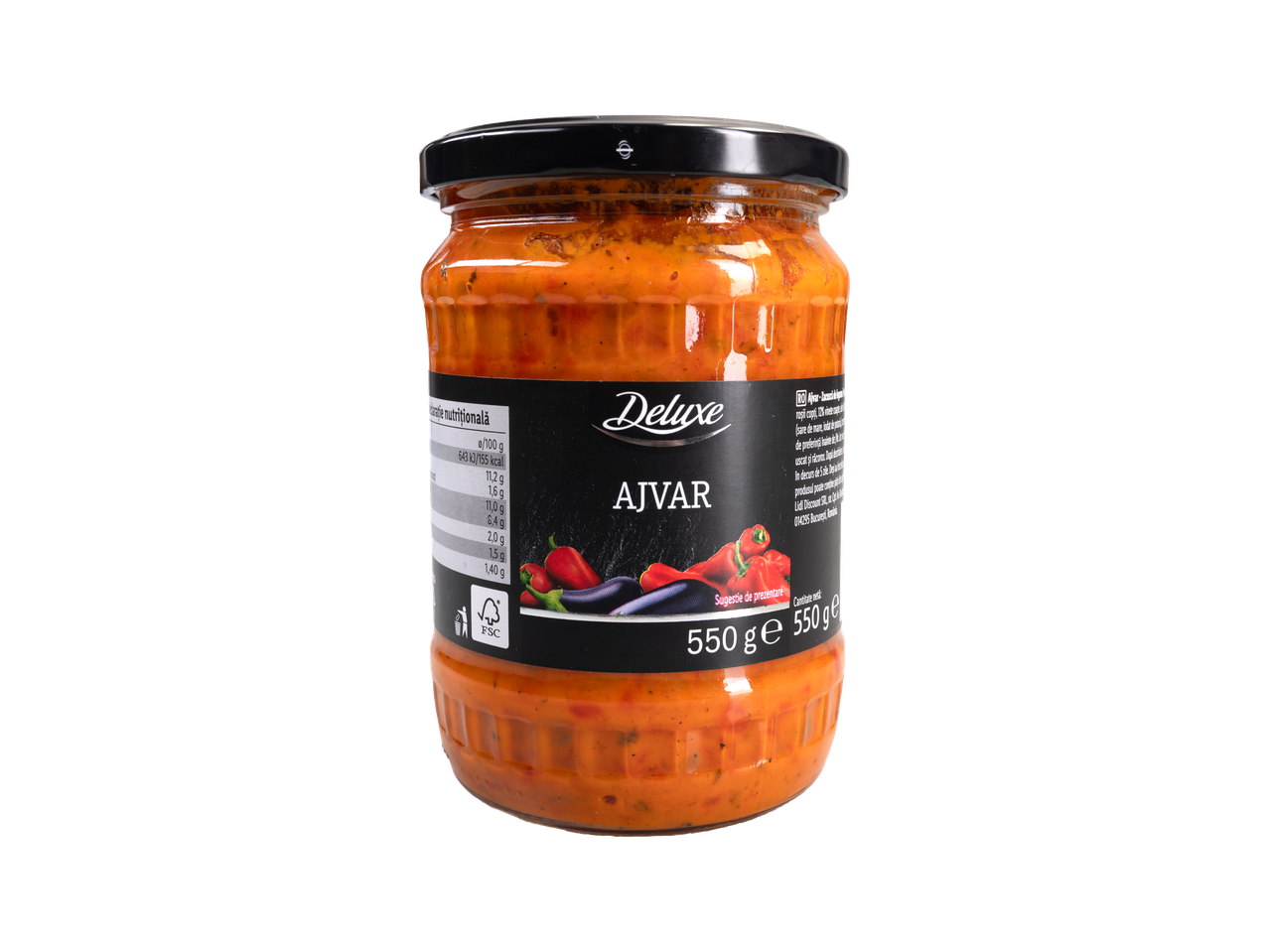 Borcan de Ajvar Deluxe, zacuscă de ardei, cu etichetă neagră și detalii nutriționale.