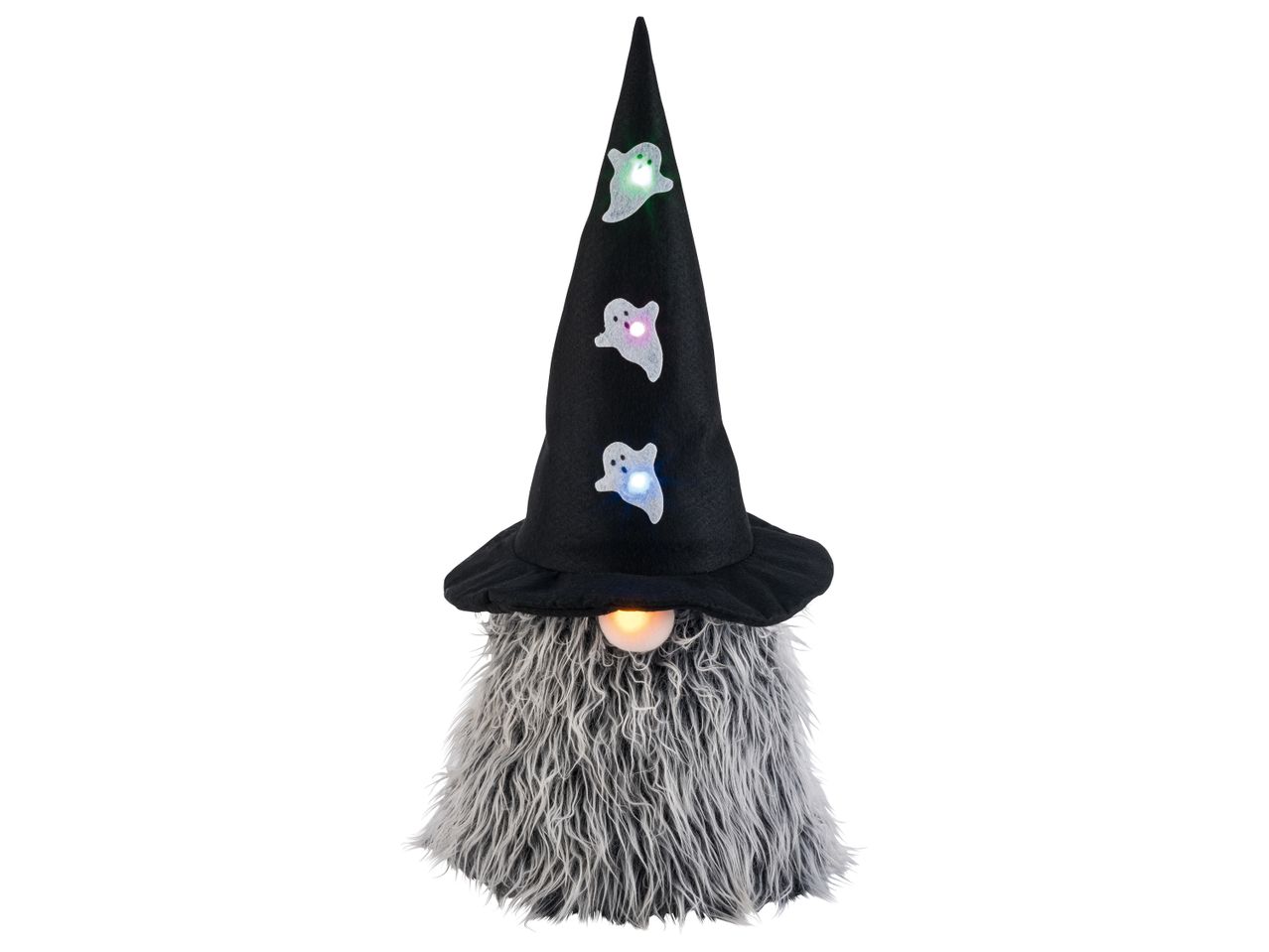 Halloween gnome with a black witch hat and light-up ghosts