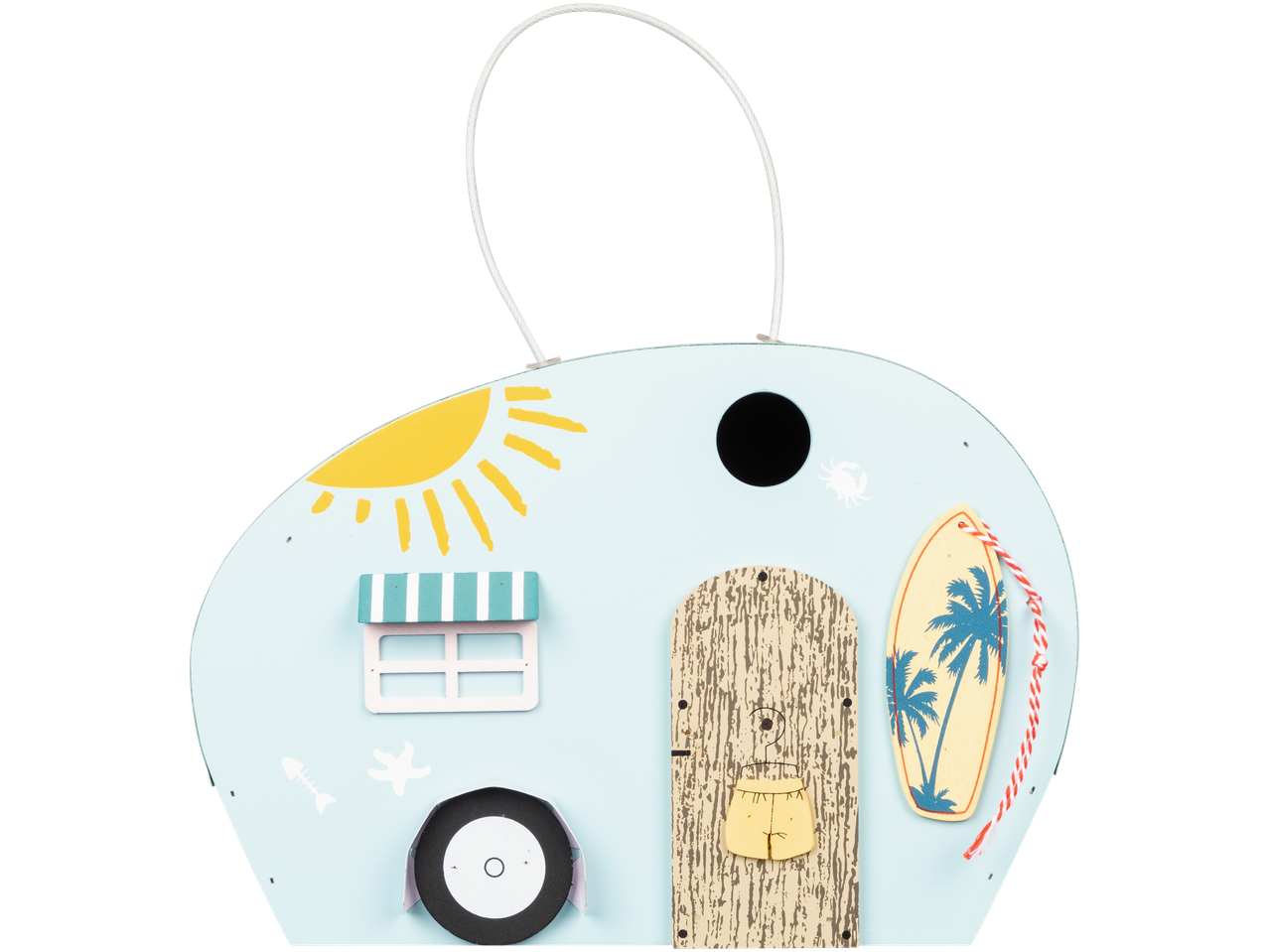 Beach-themed toy caravan with surfboards.