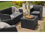 Outdoor patio furniture set with black wicker sofa, armchair, and coffee table on a rug.