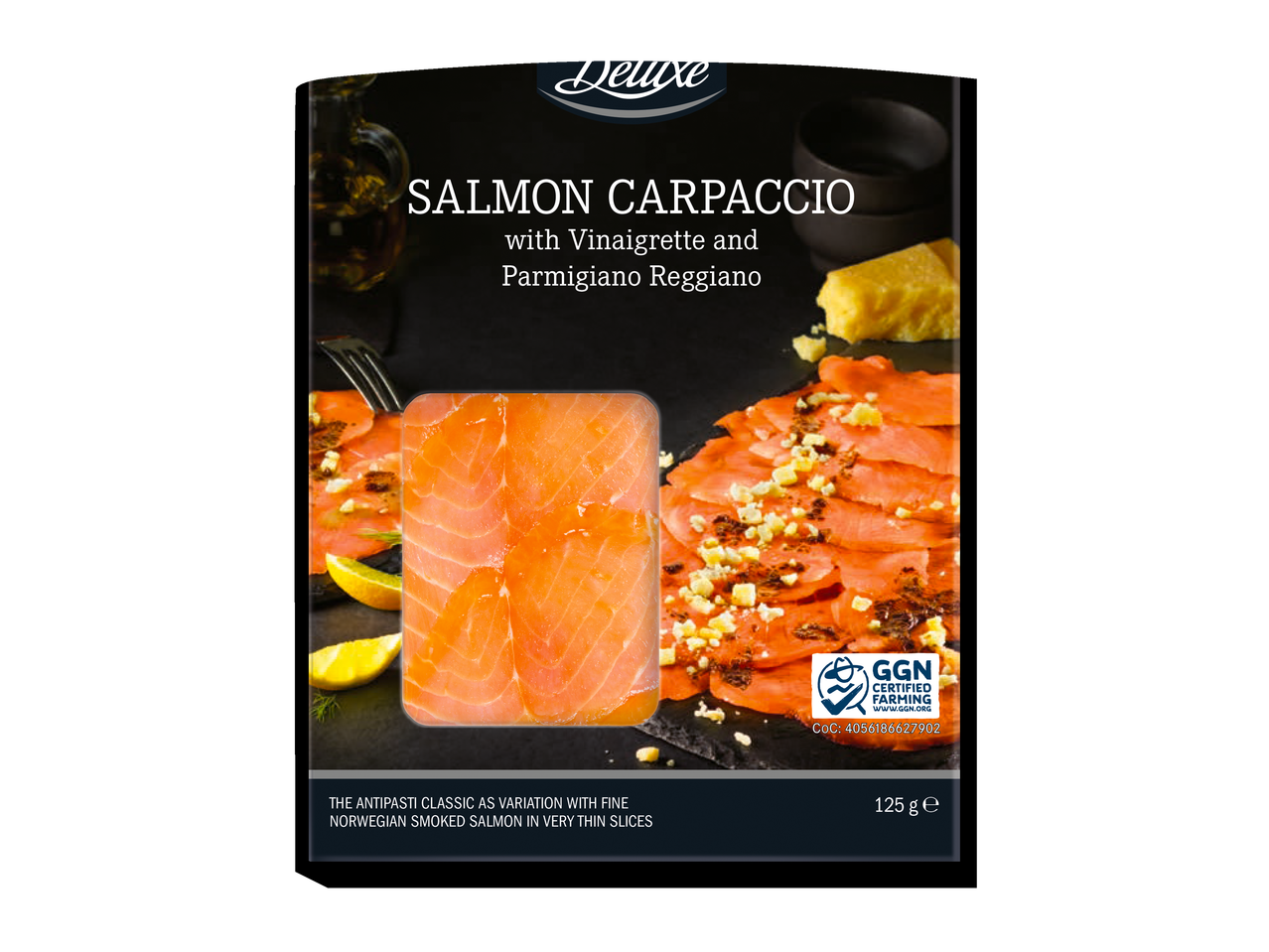 Deluxe zalm carpaccio met vinaigrette en Parmezaanse kaas.