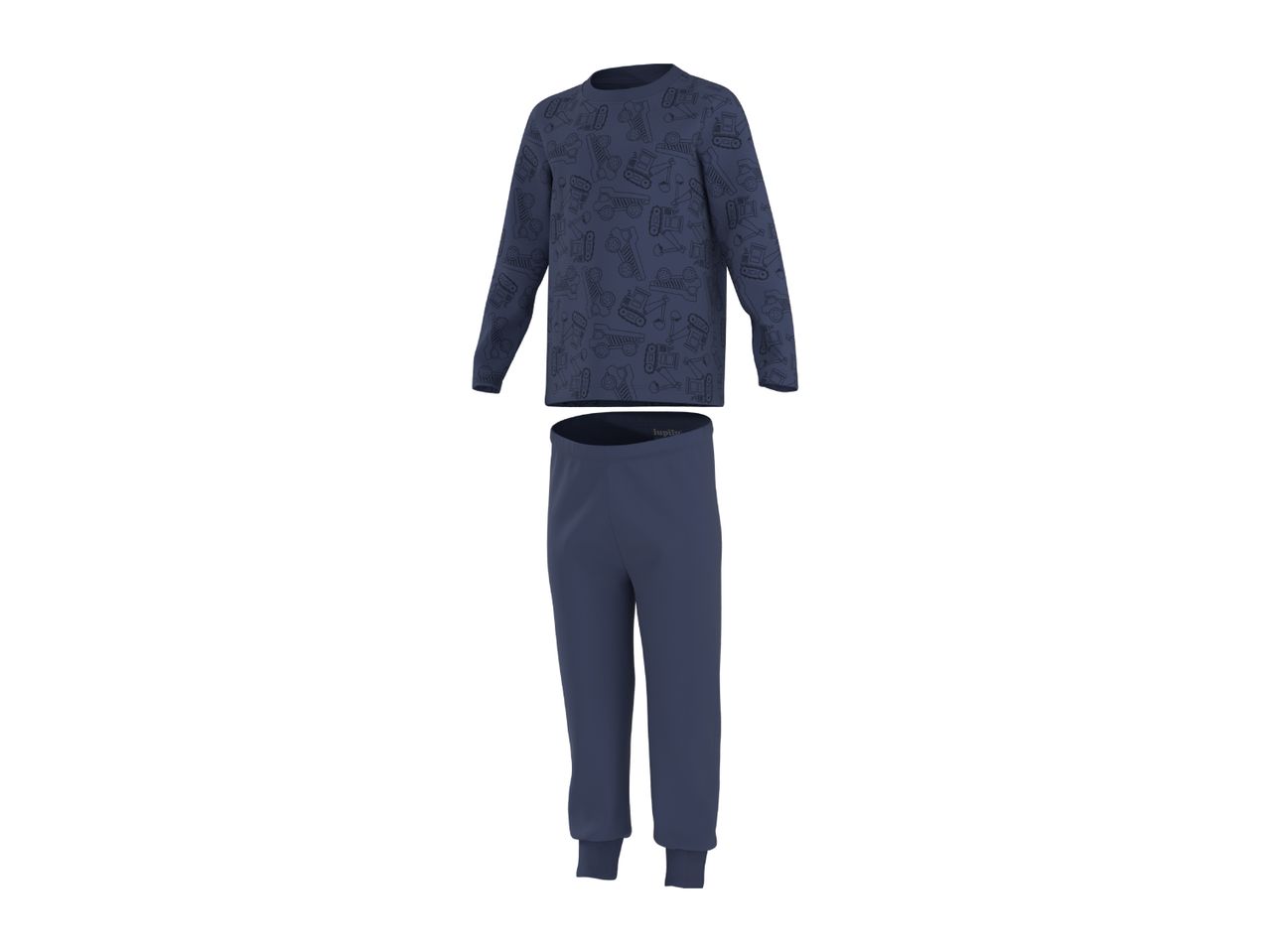 Kids' blue pajamas with construction vehicle print, including a long-sleeved top and matching pants.
