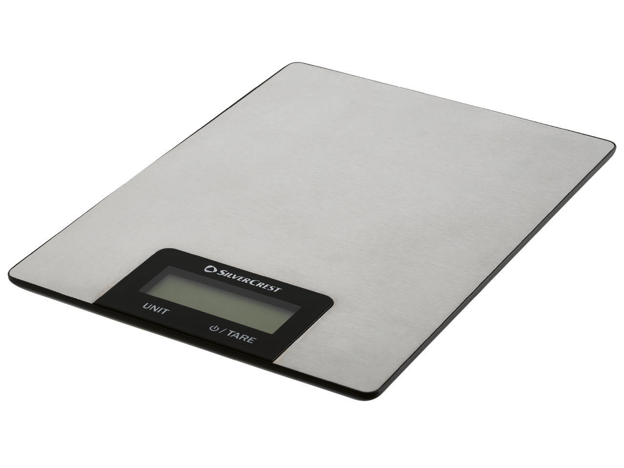 Кухненска везна от неръждаема стомана с цифров дисплей и бутони за единица и тара
