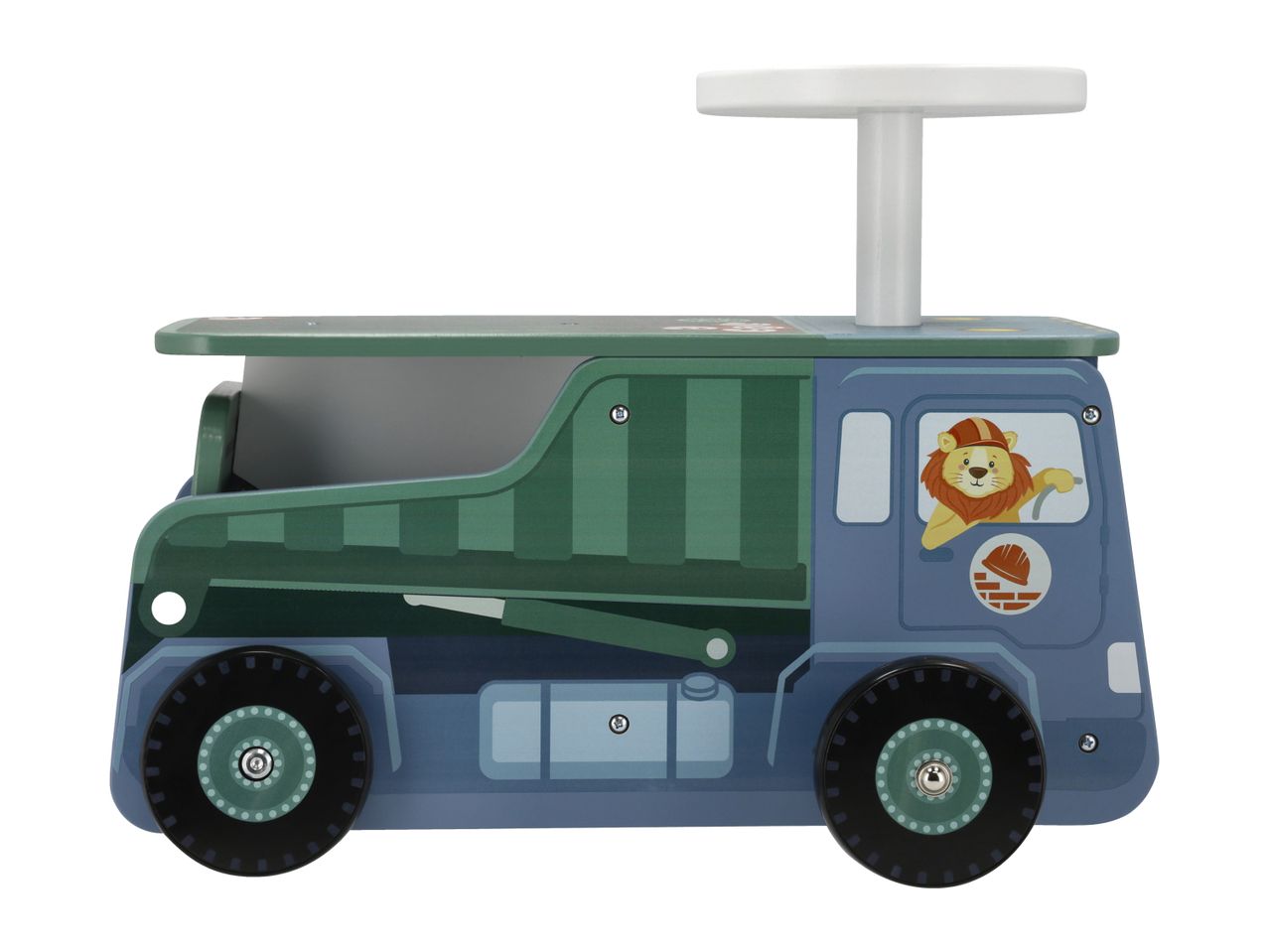 Wooden ride-on toy truck with a green dump bed and a blue cab featuring a lion driver.