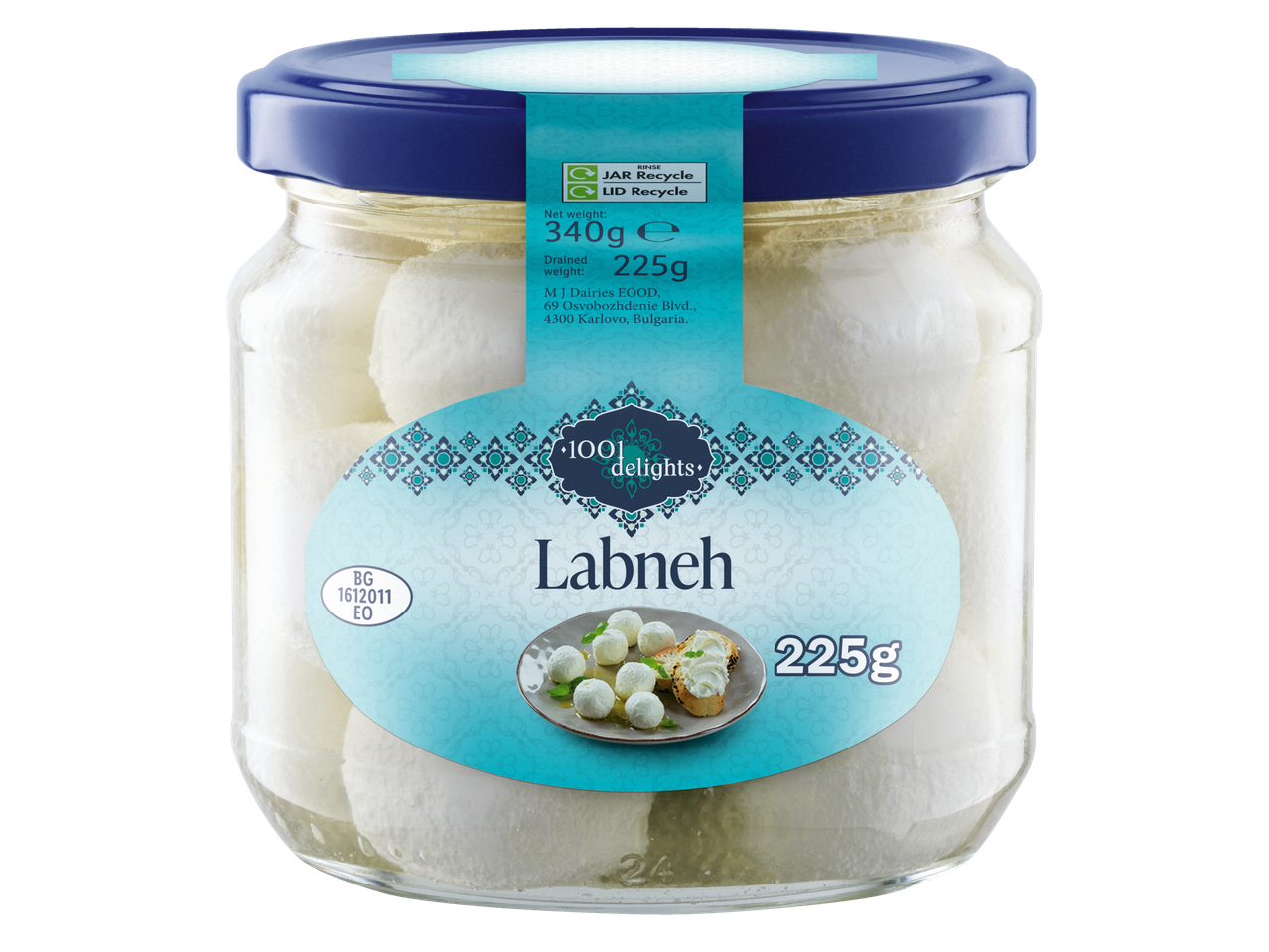 1001 Delights Labneh in a jar, showing net weight 340g and drained weight 225g.