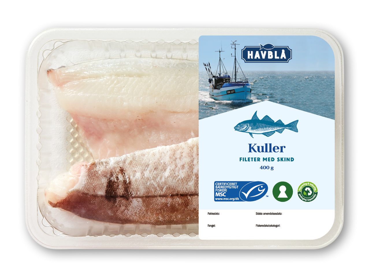 Havblå kullerfileter med skind (400g) i plastikemballage.