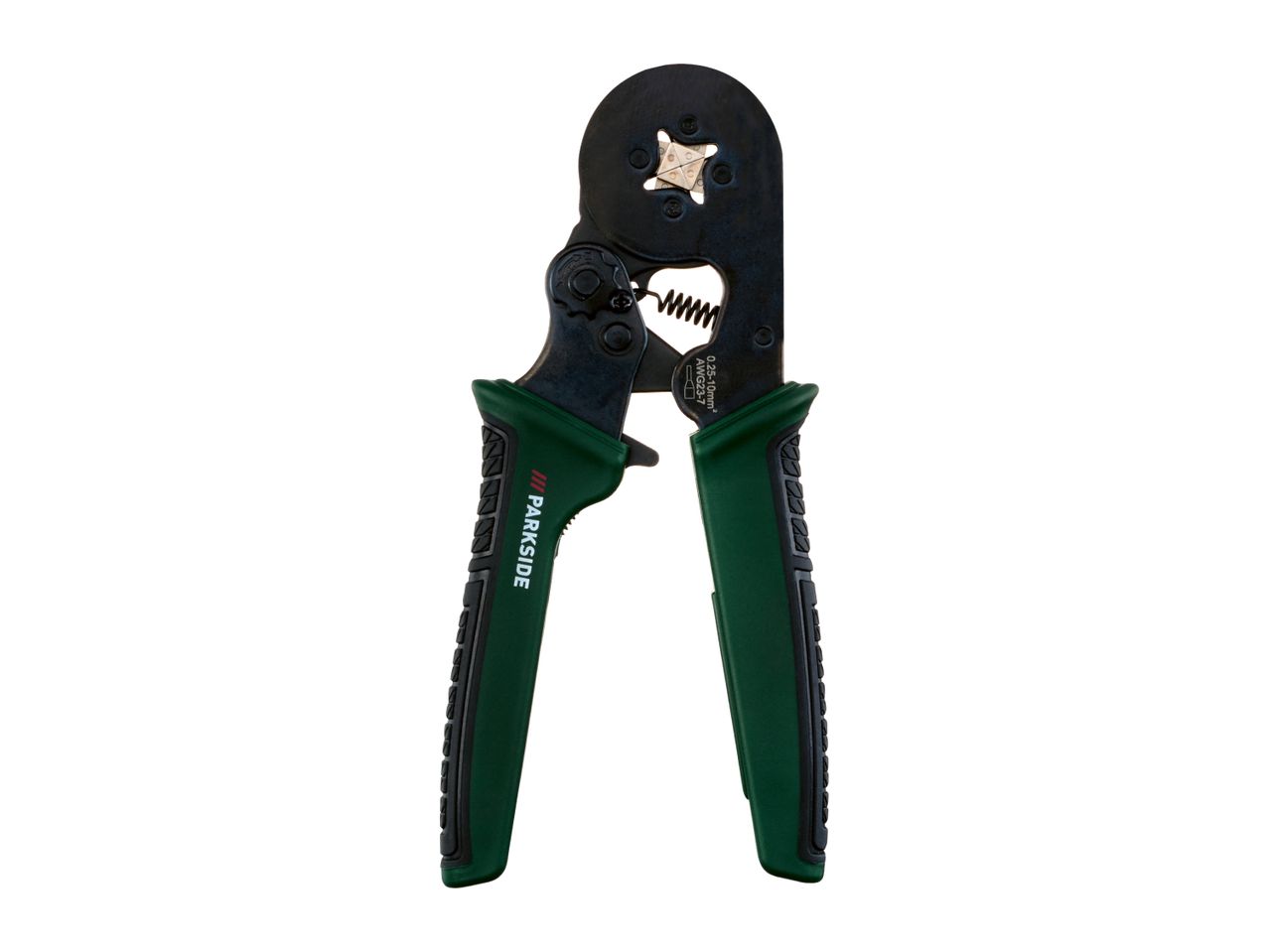 Crimping pliers with green and black handles, featuring a spring mechanism and crimping dies.