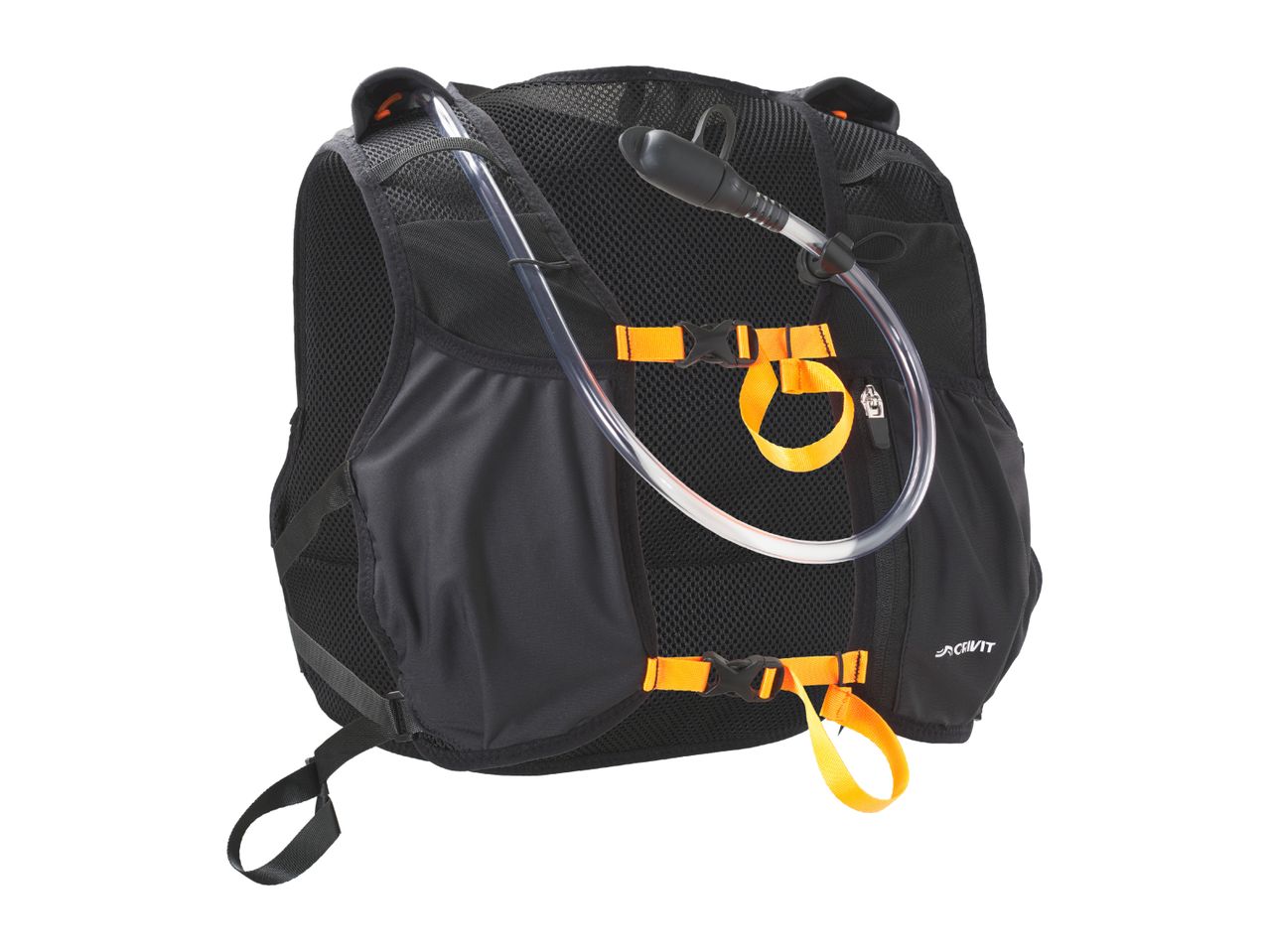 Black hydration vest with orange straps and a clear drinking tube