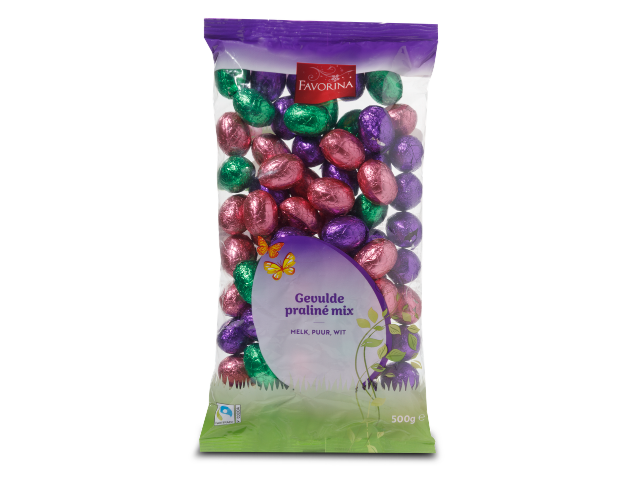 Favorina paaseiermix in een zak, melk-, pure en witte chocolade.