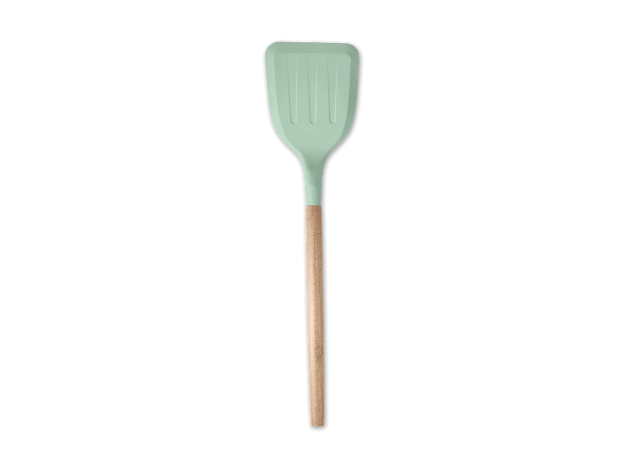 Ein hellgrüner Silikon-Spatel mit Holzgriff.