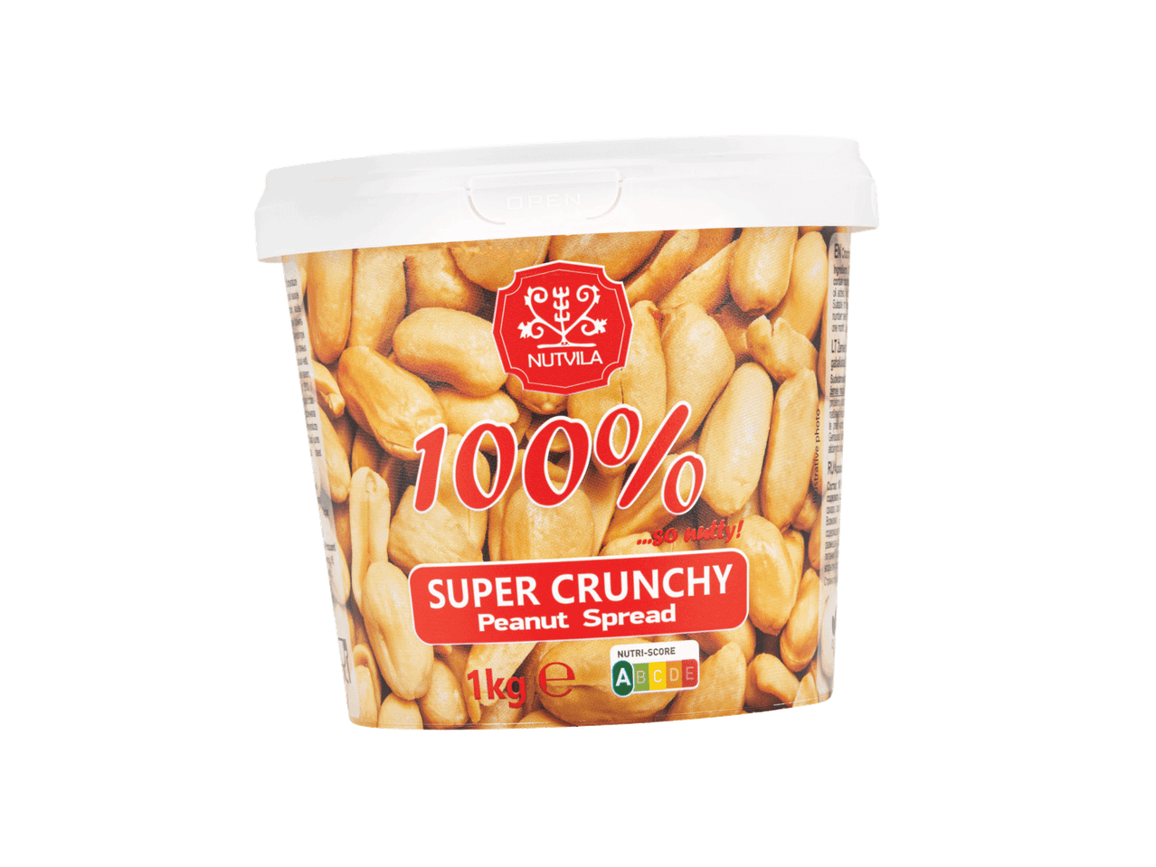Didelis indelis 100% traškaus žemės riešutų kremo su Nutri-Score A ženklu.