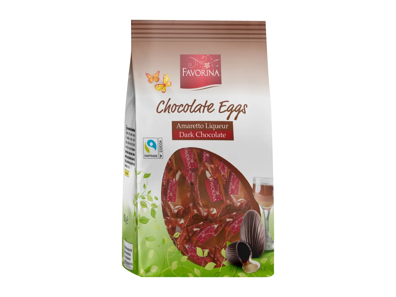 Chocolate eggs with Amaretto Liqueur Dark Chocolate, Fairtrade cocoa.