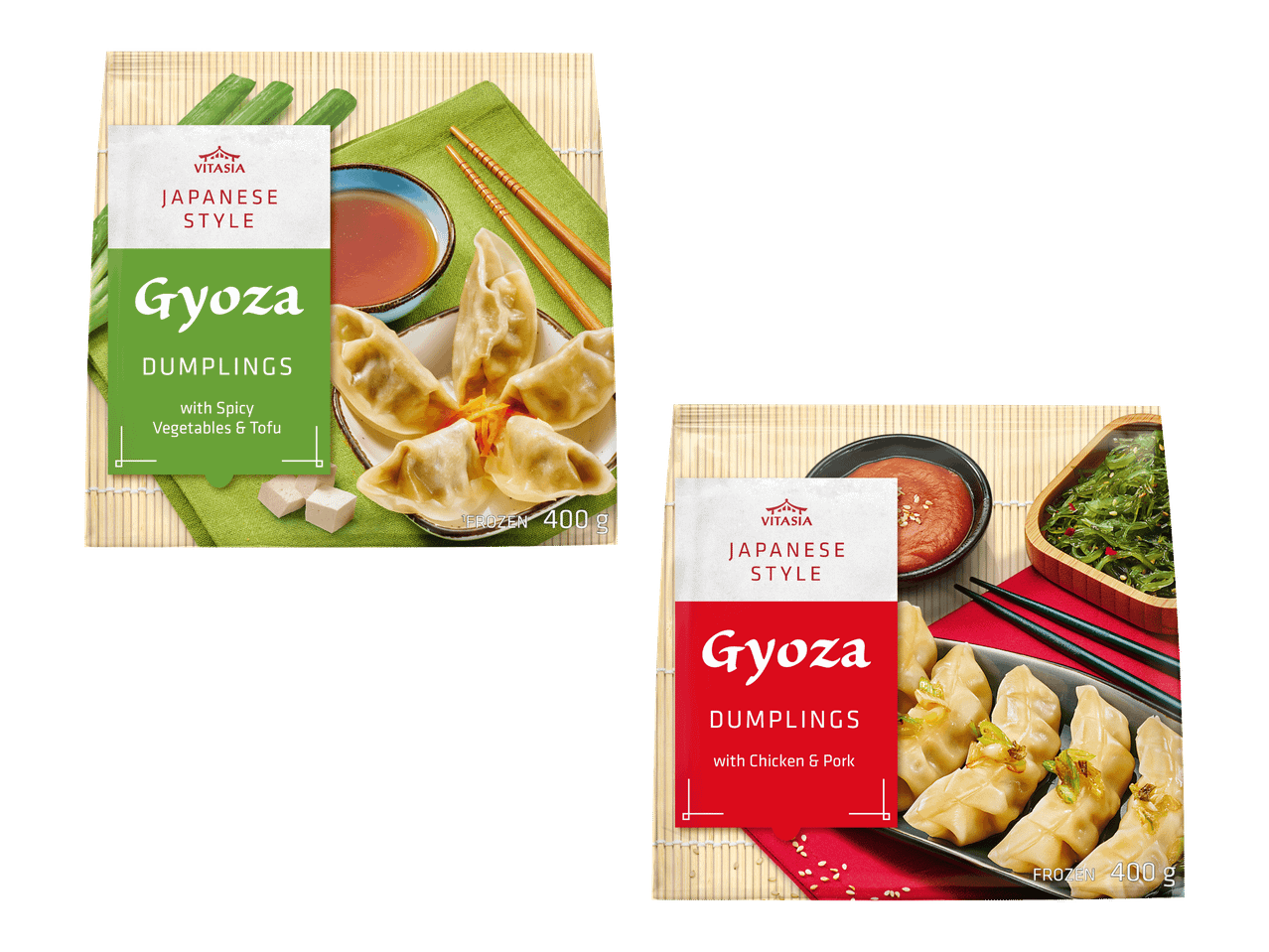 Kaksi pakkausta japanilaistyylisiä gyoza-mykyjä kasvis- ja lihatäytteillä.