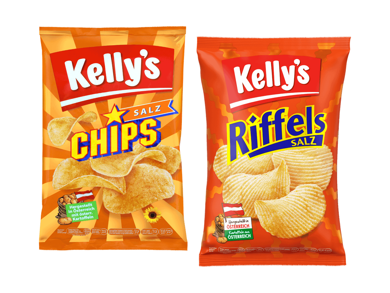 Kelly's Chips und Kelly's Riffels Kartoffelchips in orangefarbenen Packungen.