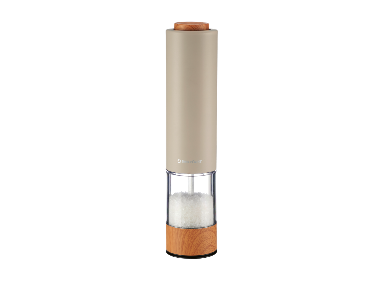 SILVERCREST® Electric Salt/Pepper Mill in beige with a wooden top and base, filled with salt.
