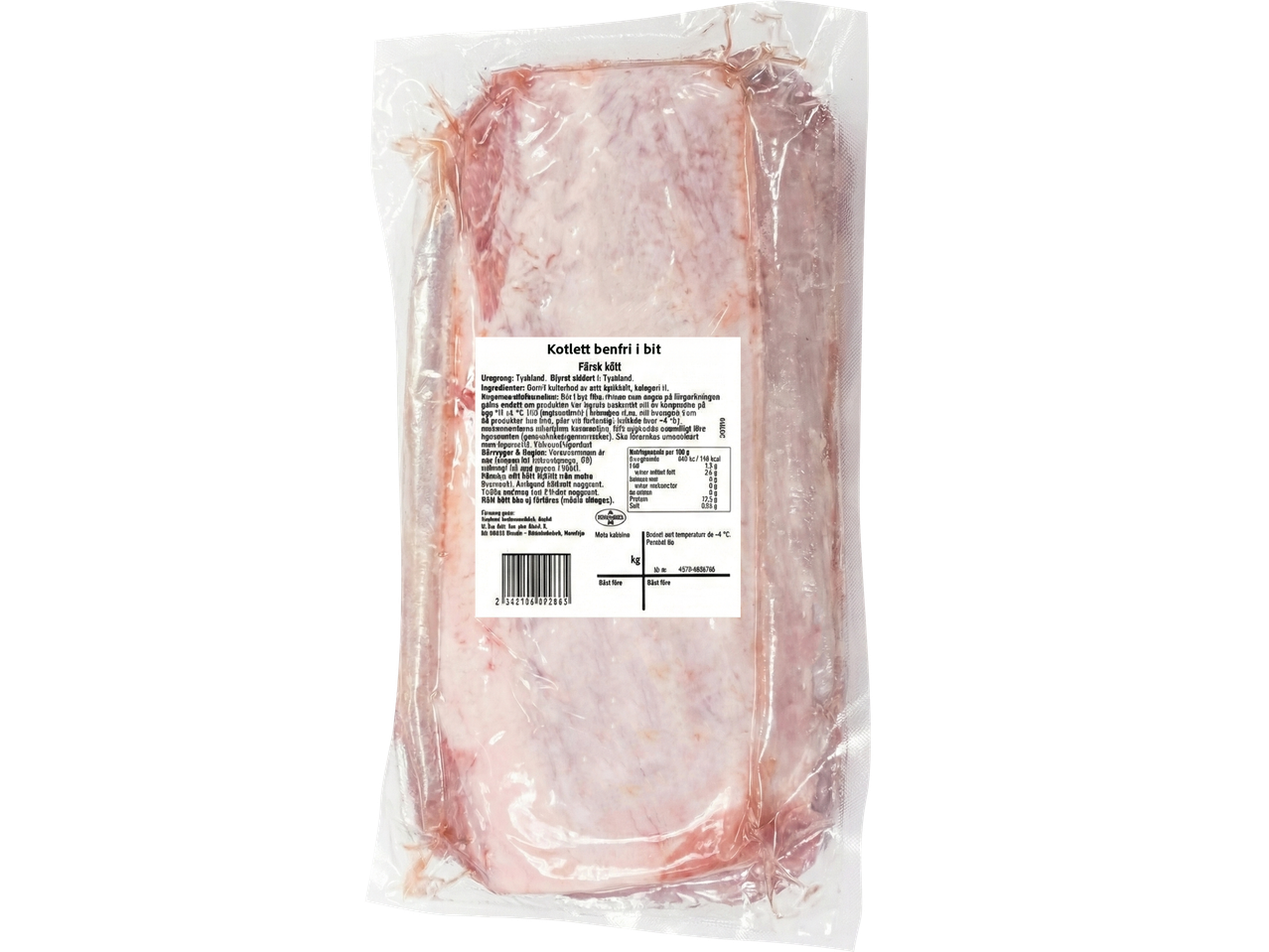 Benfri kotlett i vakuumförpackning med näringsinformation och streckkod.