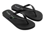 Pair of black flip-flops with a palm tree logo and a small Brazilian flag on the strap.