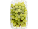 A clear plastic container filled with fresh green grapes.