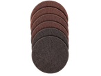 Stack of round, brown and gray abrasive pads on a black background.