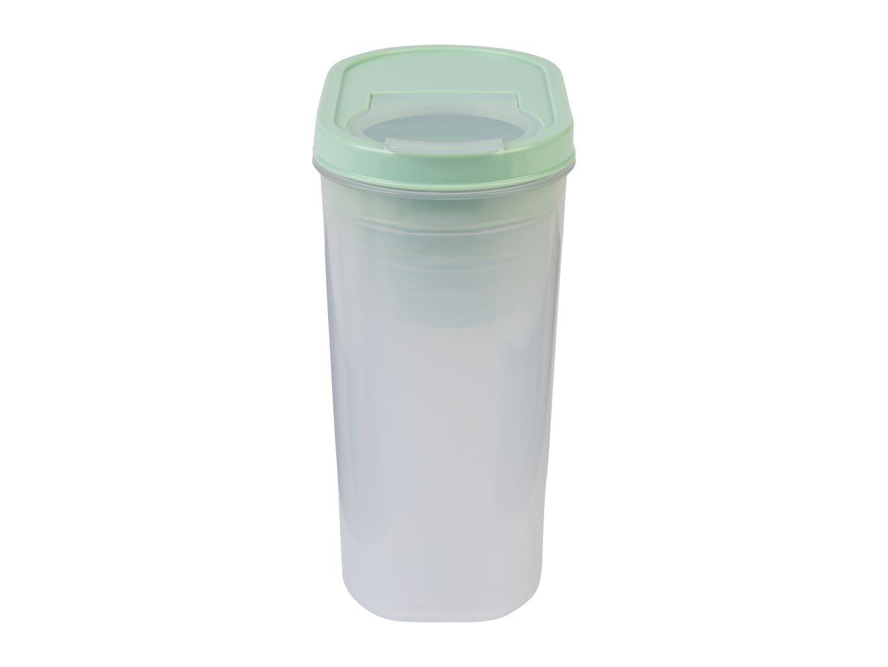 A clear plastic storage container with a light green lid.