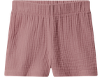 Pink muslin shorts with an elasticated waist and crinkled texture.