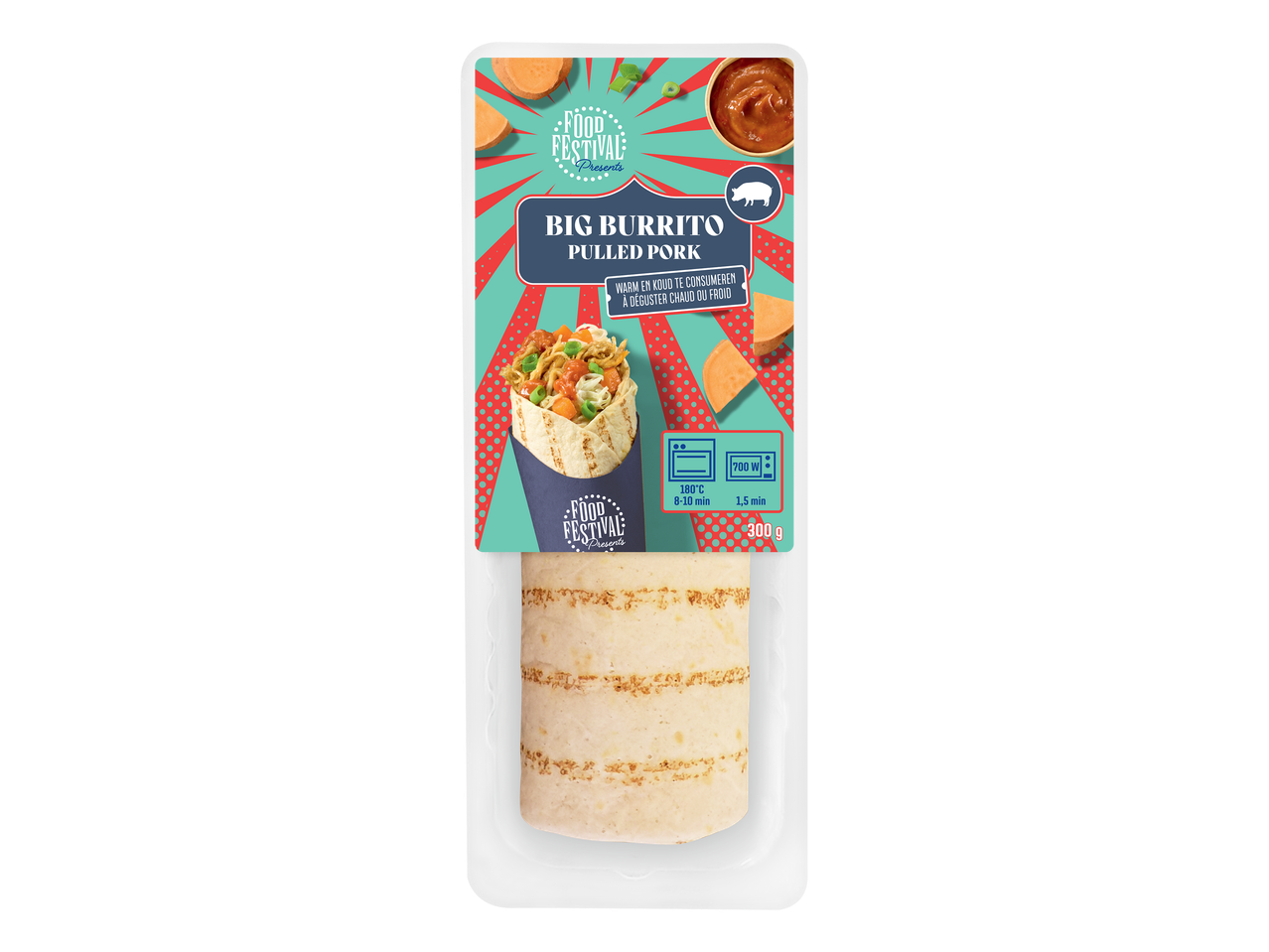 Burrito de porc effiloché avec instructions de cuisson et poids de 300g.