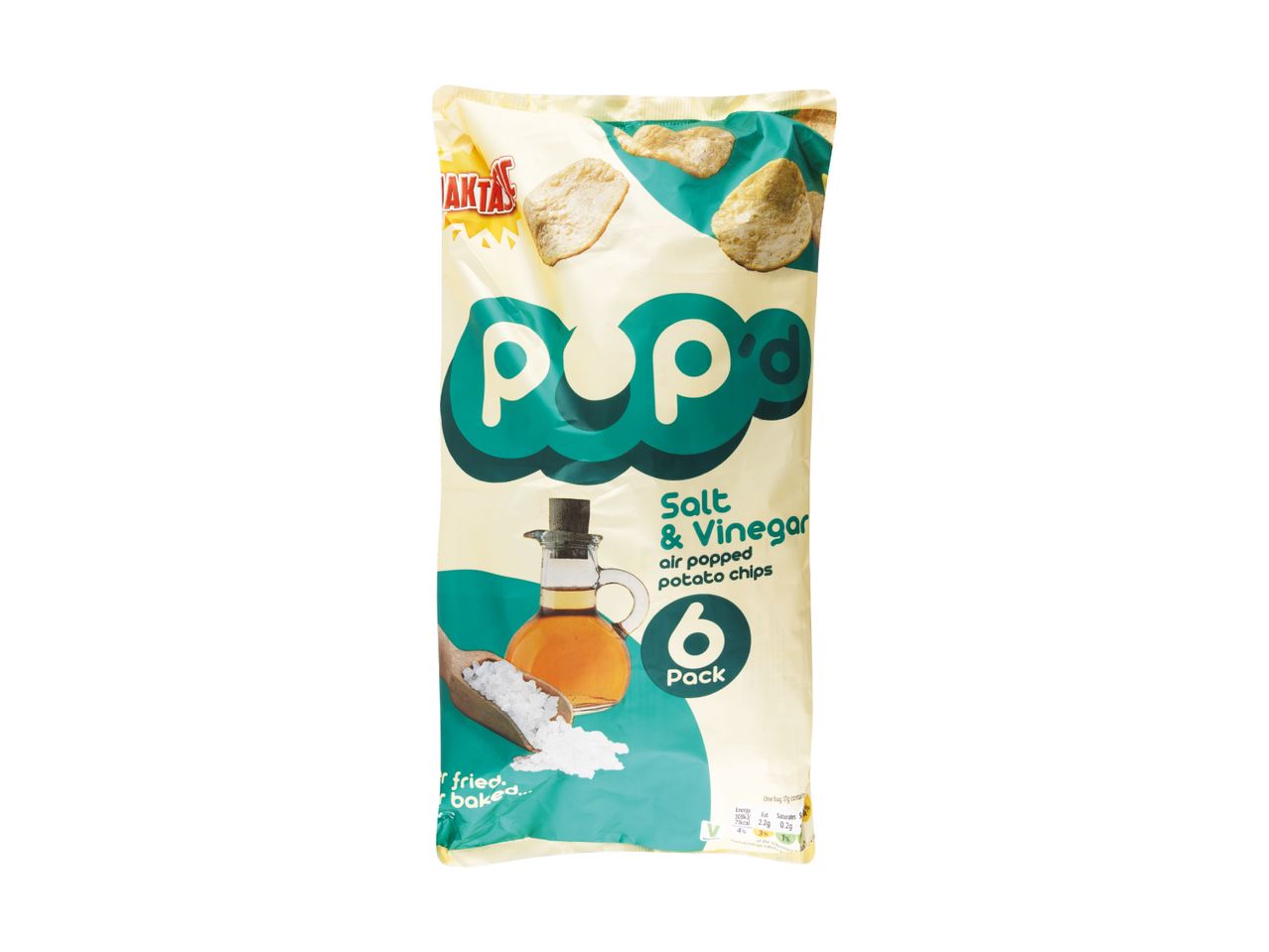 Salt & Vinegar air-popped potato chips, 6-pack, with a bottle of vinegar and salt.