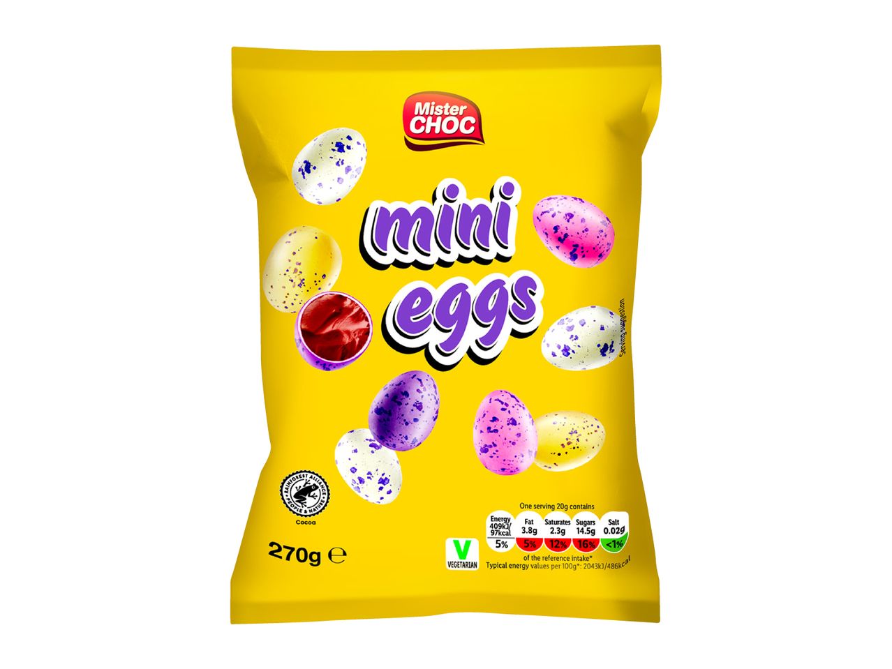 Yellow bag of mini chocolate eggs with nutritional information and a vegetarian label.
