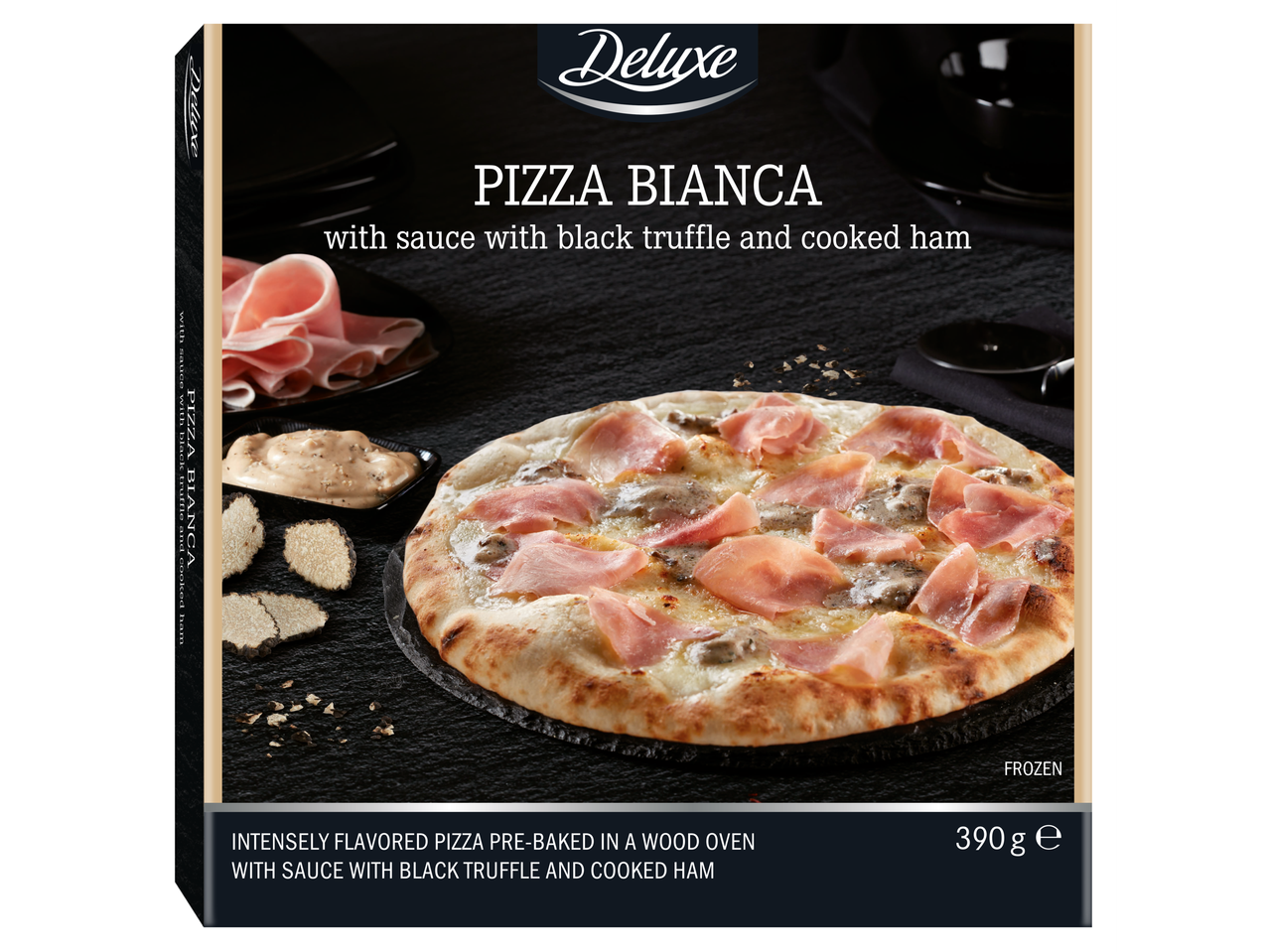 Deluxe Pizza Bianca: šaldyta pica su juodųjų triufelių padažu ir virta šonine.