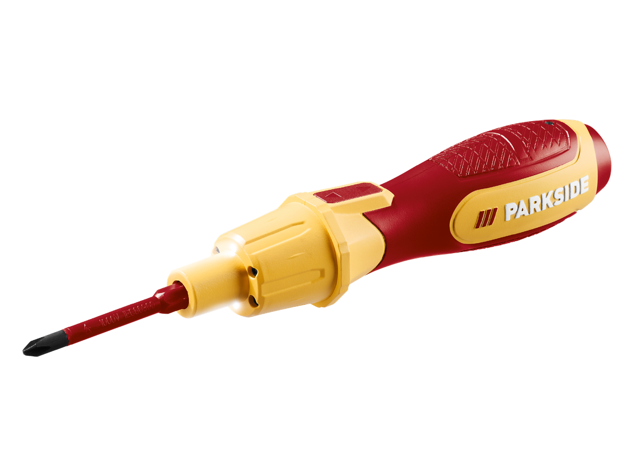 Червена и жълта отвертка с изолирана дръжка и накрайник.